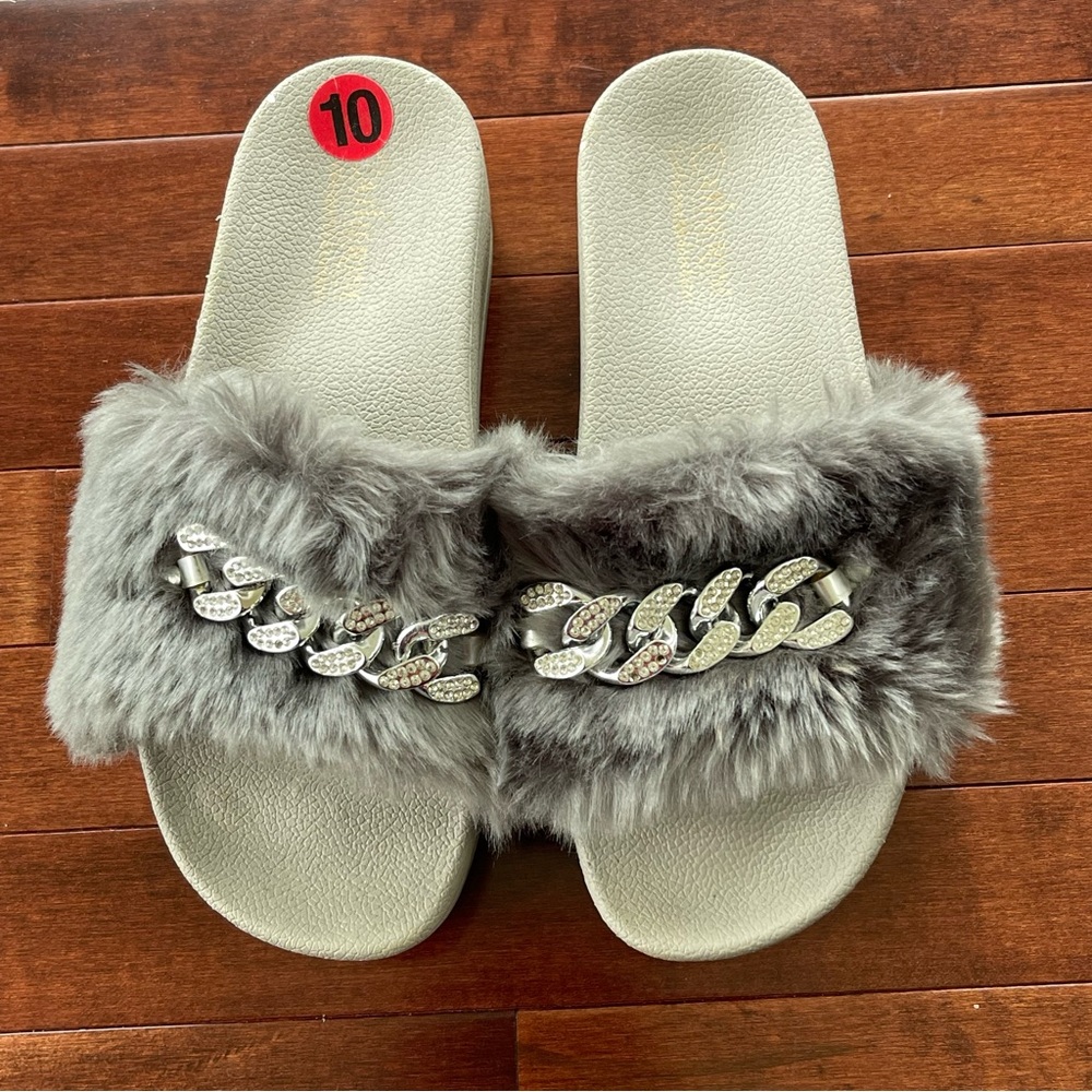 Silver Chain Faux Fur Platform Slides